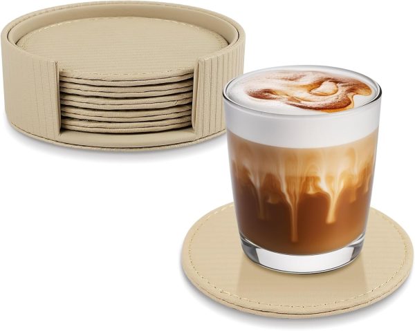 6 Pcs Premium Leather Coasters with Holder Tabletop Protection Coffee Table &