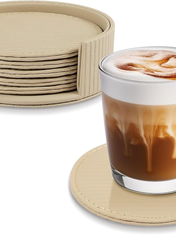 6 Pcs Premium Leather Coasters with Holder Tabletop Protection Coffee Table &