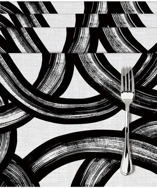 and White Curve Patterned Linen Placemats Set of 4, Washable Non-Slip Heat-Resistant