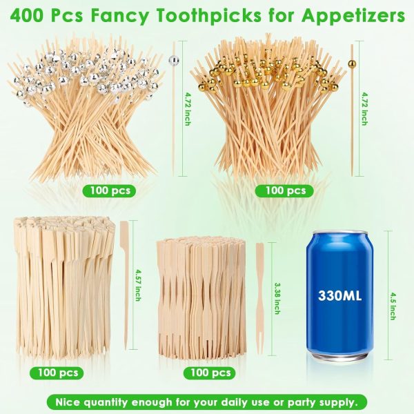 400PCS Cocktail Picks Sublaga 4.7" Eco-friendly Natural Bamboo Ball Food Picks Fancy