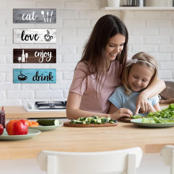 4 Pcs Farmhouse Kitchen Wall Decor Eat Drink Enjoy Love Rustic Wood