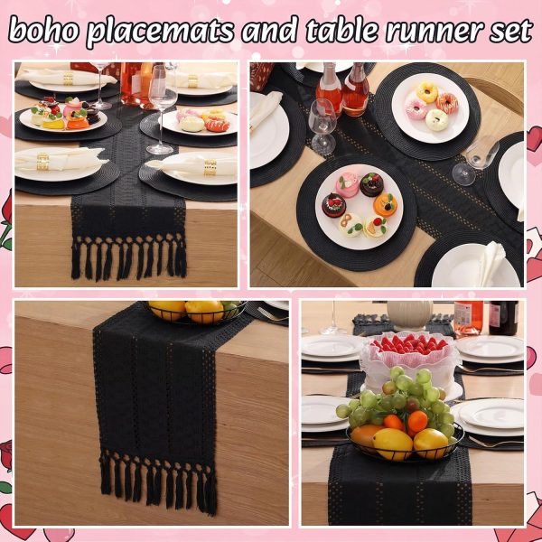 6 Black Placemats and Table Runner 15 Inch Round Braided Place Mats