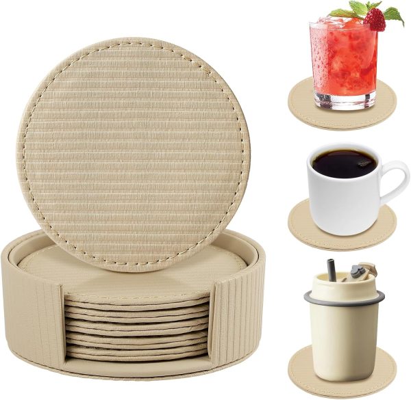 6 Pcs Premium Leather Coasters with Holder Tabletop Protection Coffee Table &