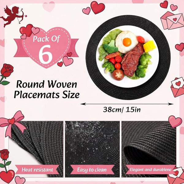 6 Black Placemats and Table Runner 15 Inch Round Braided Place Mats