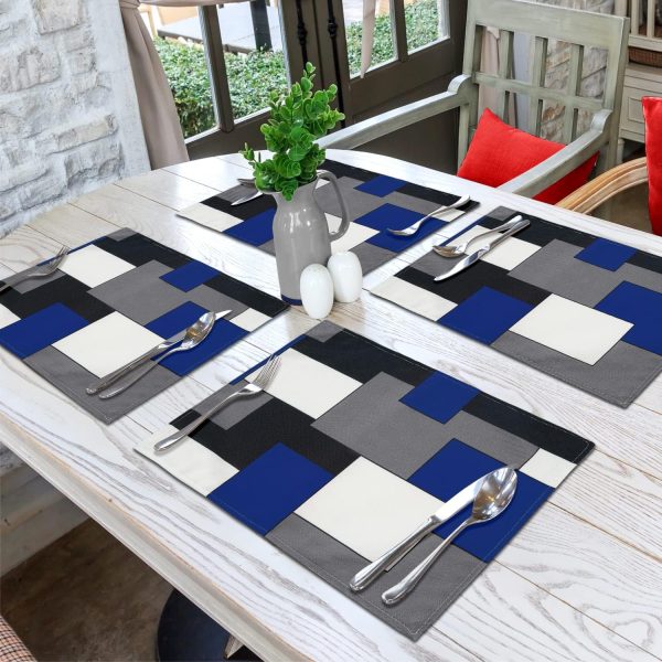 Black White Placemats of 4 Geometric Square Table Place Mats Waterproof Burlap