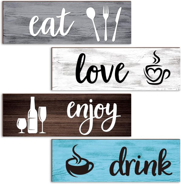 4 Pcs Farmhouse Kitchen Wall Decor Eat Drink Enjoy Love Rustic Wood