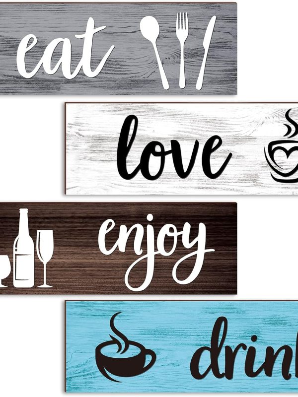 4 Pcs Farmhouse Kitchen Wall Decor Eat Drink Enjoy Love Rustic Wood