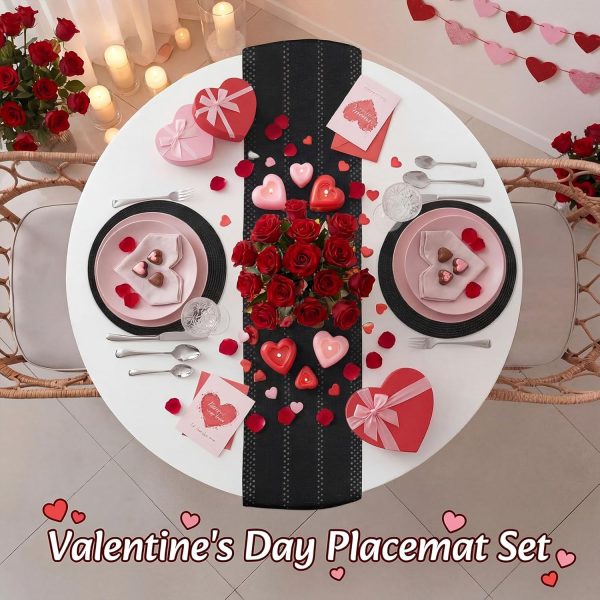 6 Black Placemats and Table Runner 15 Inch Round Braided Place Mats