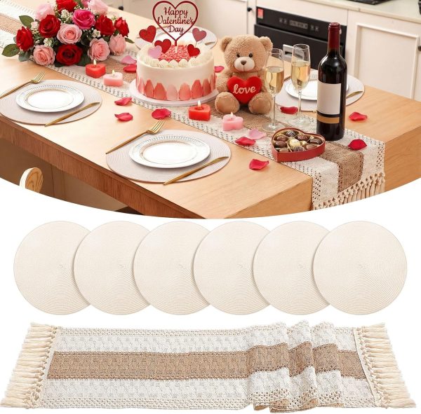of 6 Valentines Placemat and Table Runner Set 15'' Boho Round Braided