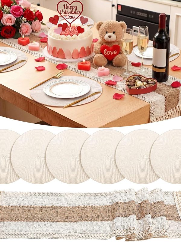 of 6 Valentines Placemat and Table Runner Set 15'' Boho Round Braided