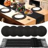 6 Black Placemats and Table Runner 15 Inch Round Braided Place Mats
