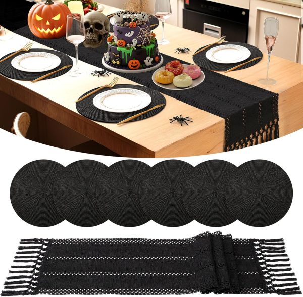 6 Black Placemats and Table Runner 15 Inch Round Braided Place Mats