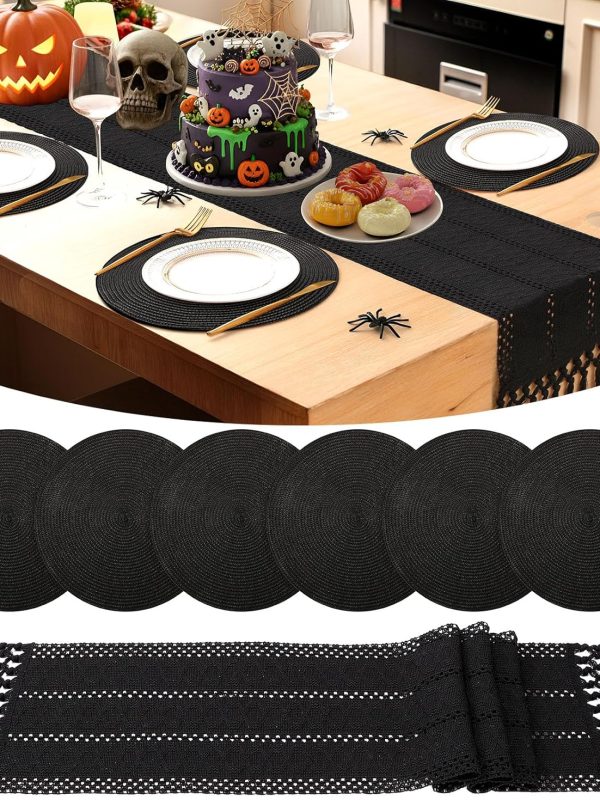 6 Black Placemats and Table Runner 15 Inch Round Braided Place Mats