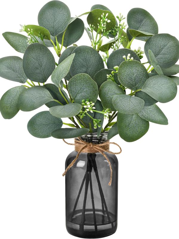 13.5" Fake Plants for Black Bathroom Decor Artificial Eucalyptus Stems in Black
